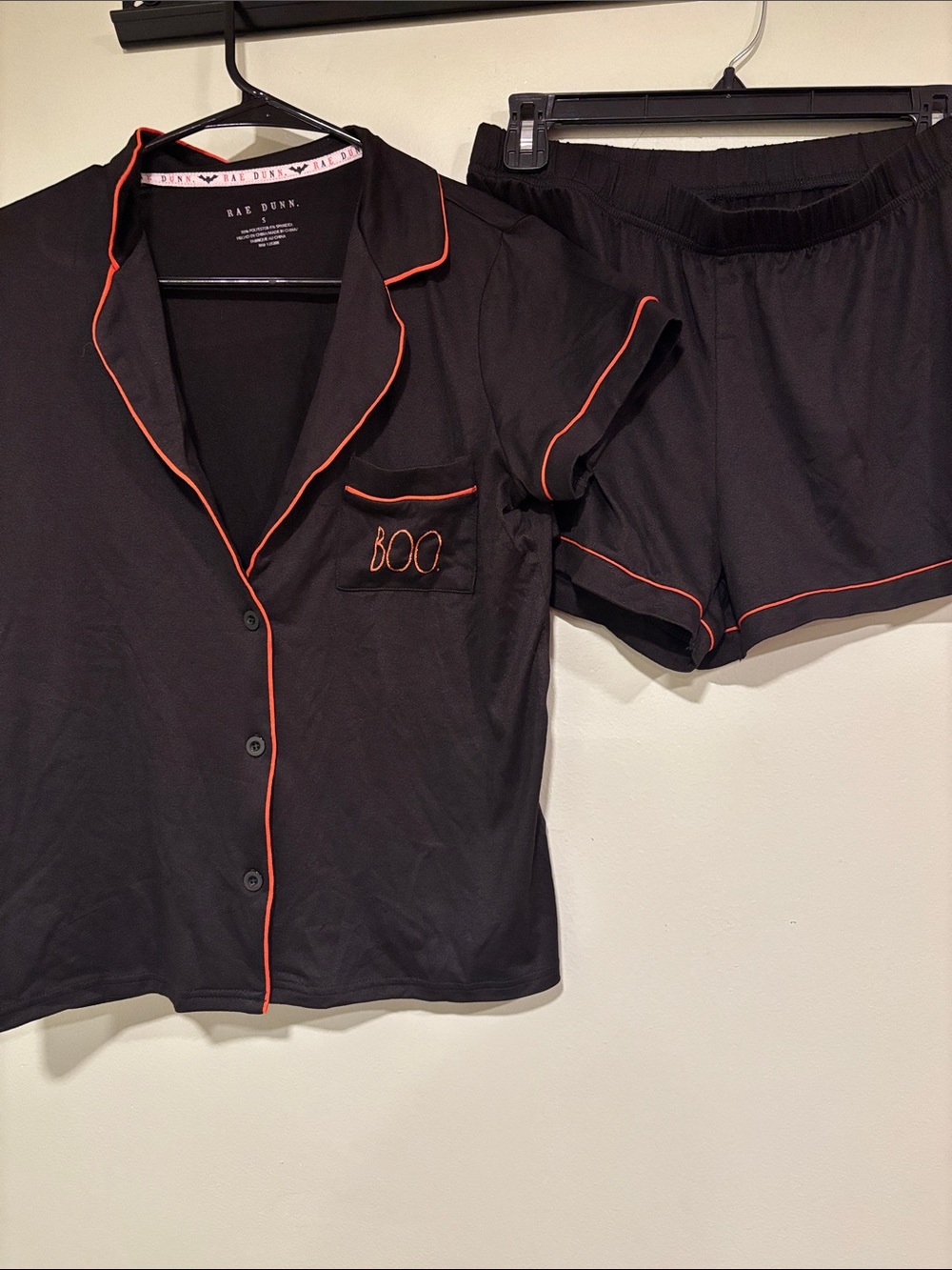 Rae Dunn Black Short Sleeve Pajama Set with Orange Piping